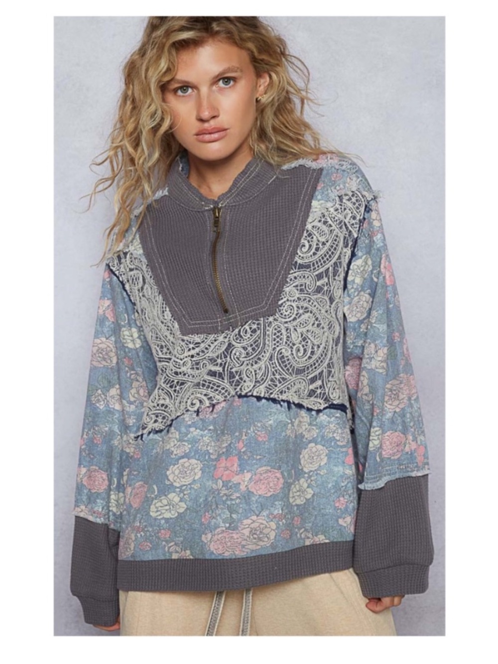 NWT POL Floral Print Paisley Lace Half Zip Waffle Knit Long Sleeve Top